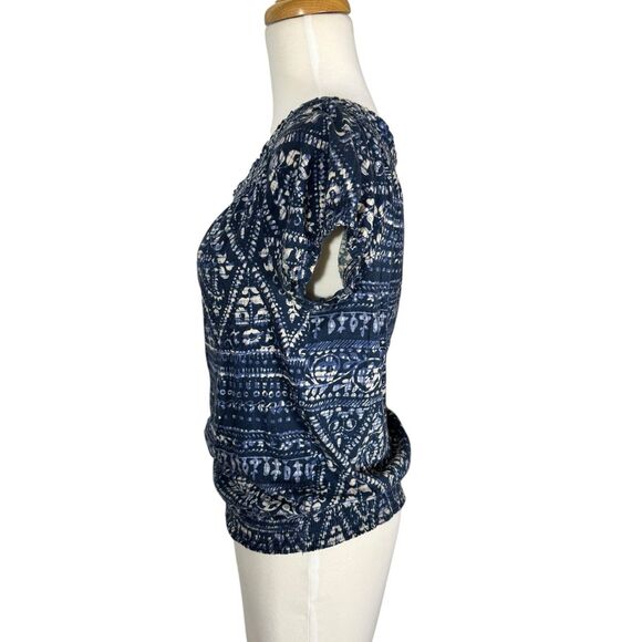 Chaps Denim Smocked Blue Batik Peasant Blouse Sz S Cotton - Picture 2 of 5